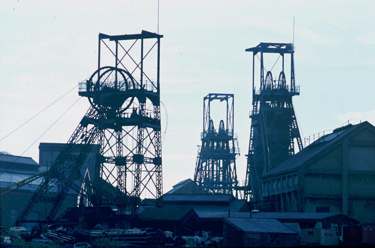 Colour film slide showing the three headframes, Oakdale Colliery 1974.  The headframe in the foreground is the Waterloo or House Coal Pit.