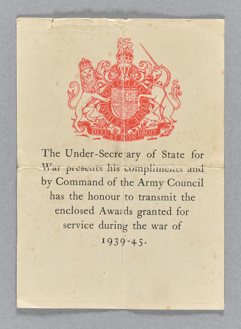 Compliment slip for medals - Ronald Holder collection