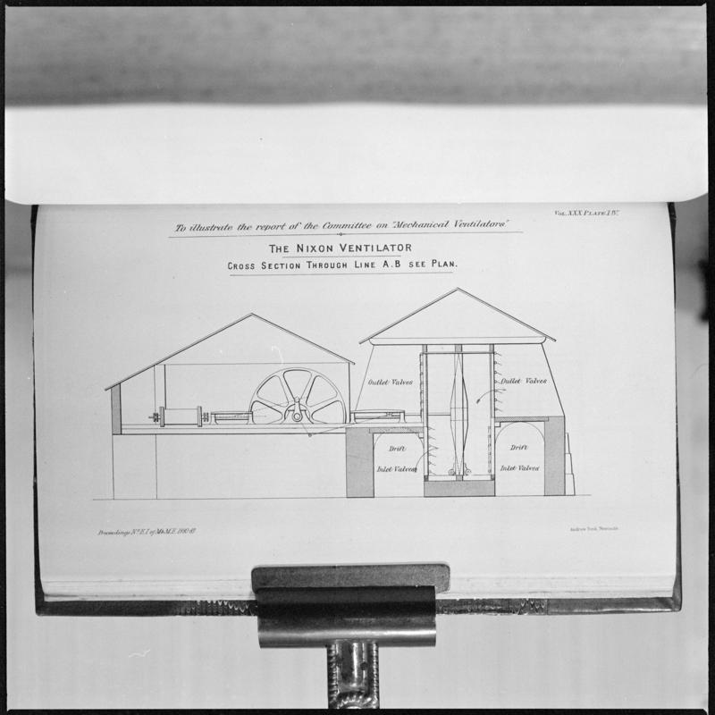 Black and white film negative showing a drawing of the Nixon's Ventilator which was made in 1898.  'Deep Duffryn' is transcribed from original negative bag.  Appears to be identical to 2009.3/2534.