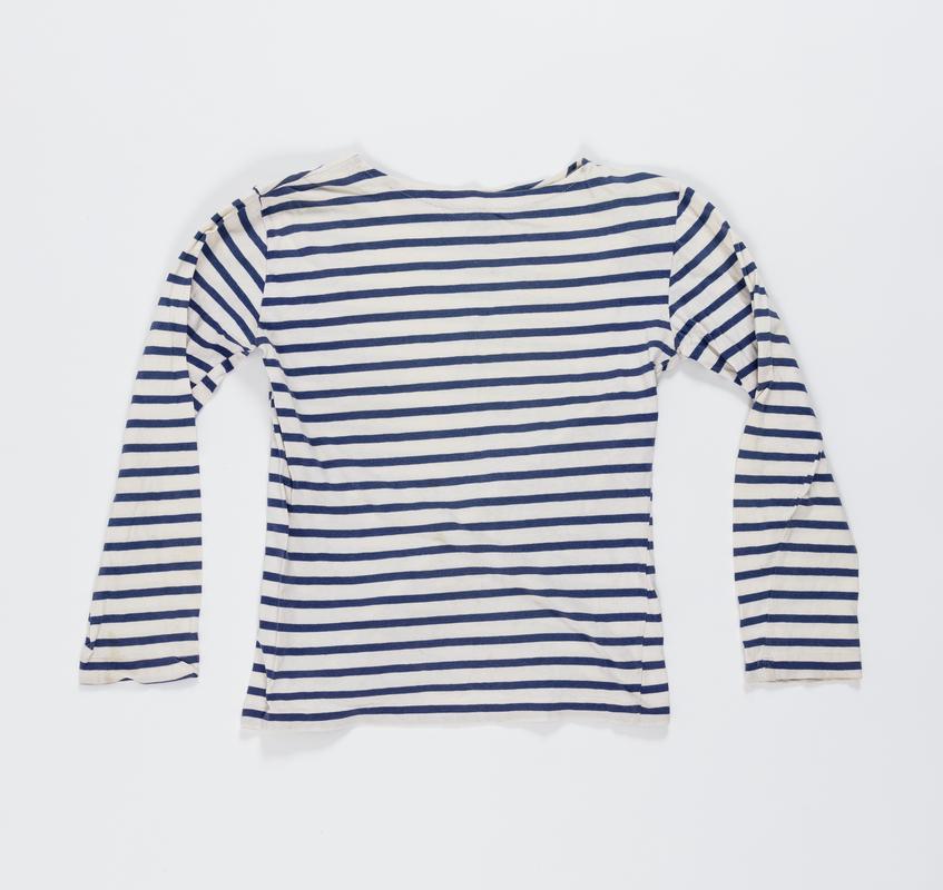 Blue and white striped long sleeve top worn by Thalia Campbell on the march from Cardiff to Greenham Common, 27 August - 5 September 1981.