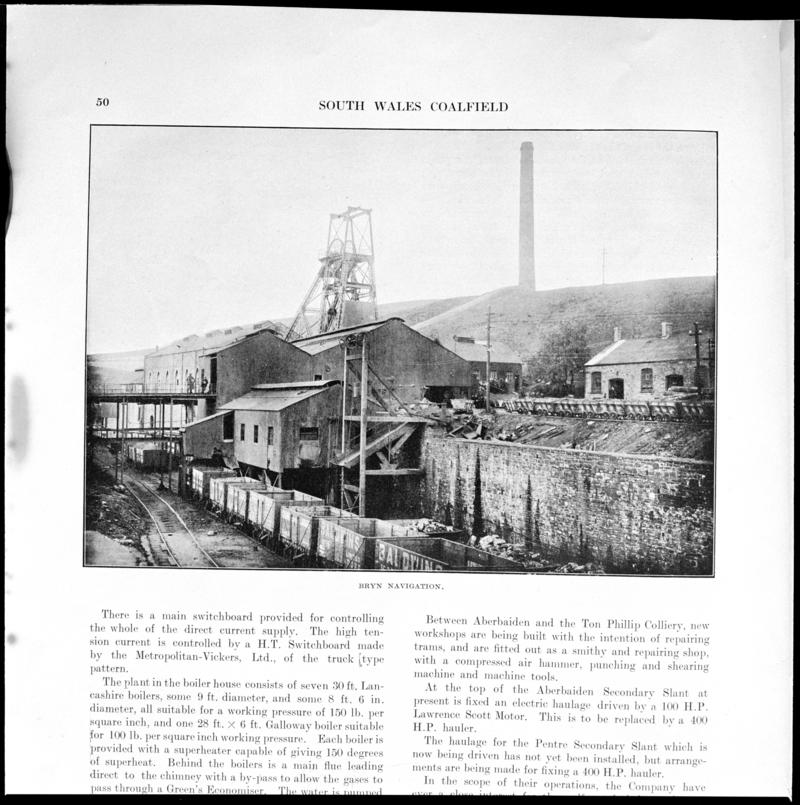 Black and white film negative showing a general surface view of Bryn Navigation Colliery, photographed from a publication.  'Bryn Navigation Colliery' is transcribed from original negative bag.