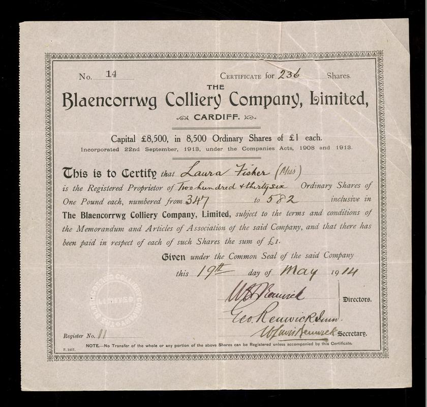 Blaencorrwg Colliery Co. Ltd., share certificate
