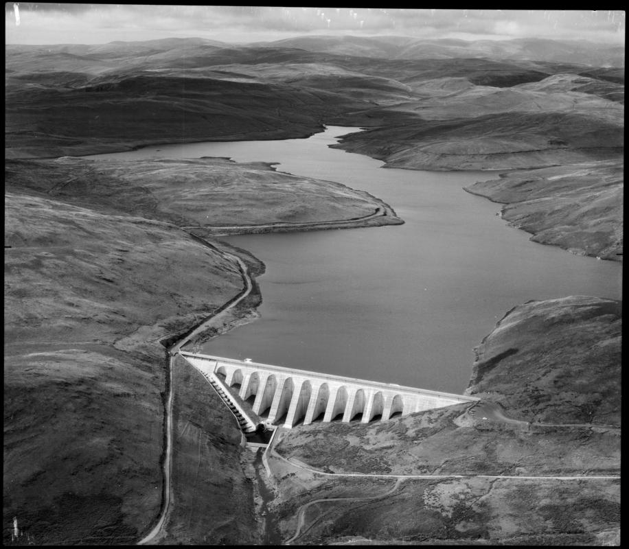 Aerial view of Nant-y-Moch reservoir and dam.