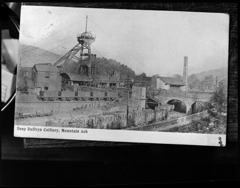 Black and white film negative of a photograph showing a surface view of Deep Duffryn Colliery.  'Deep Duffryn' is transcribed from original negative bag.