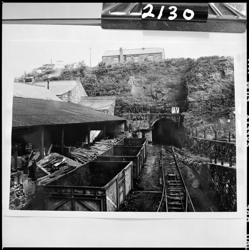 Black and white film negative of a photograph showing a surface view of an unidentified colliery.