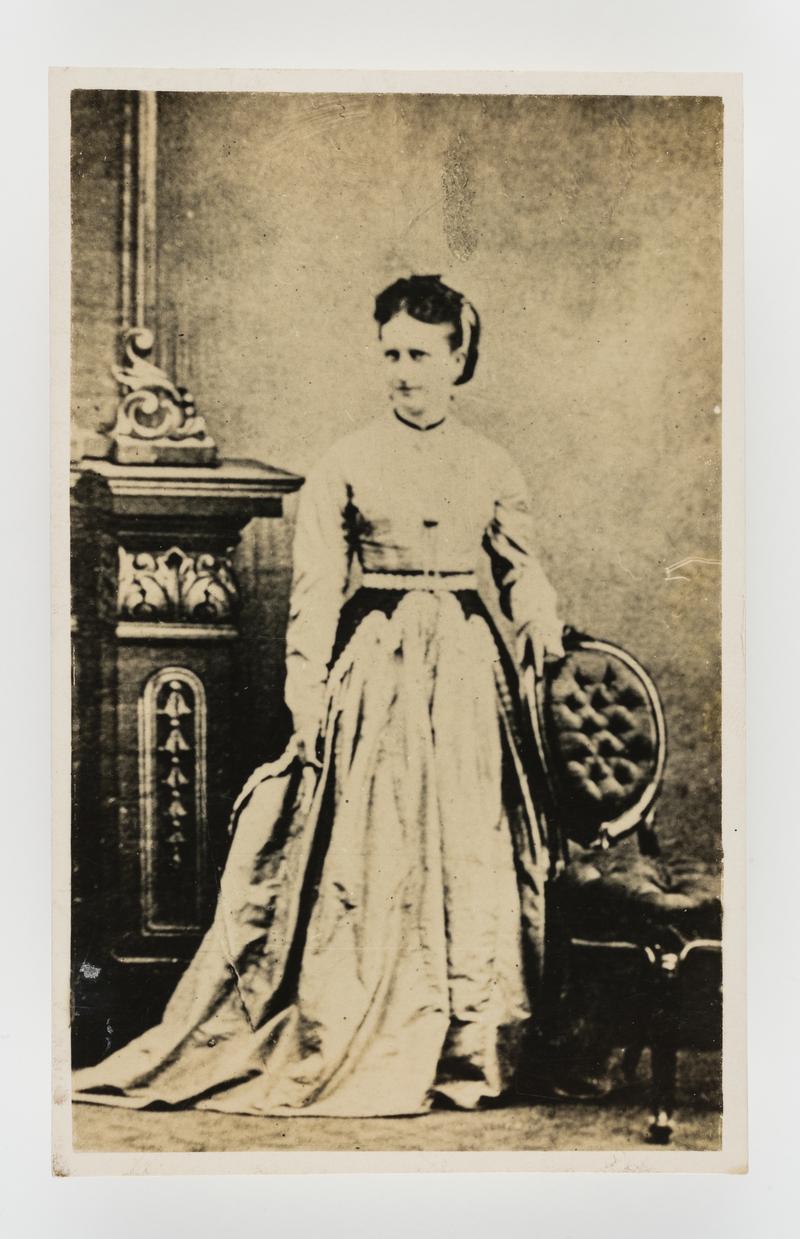 Mary Ann, daughter of John Windsor Matthews, Pontyclun, in her wedding gown on the occasion of her marriage to William Thomas Loveluck of Bridgend, c. 1871.