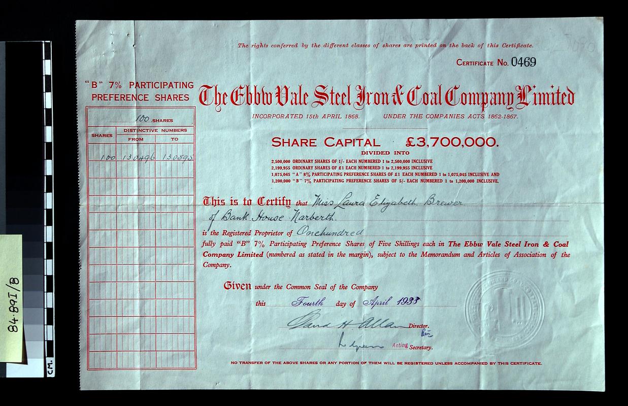 Ebbw Vale Steel, Iron and Coal Co.Ltd., share cert