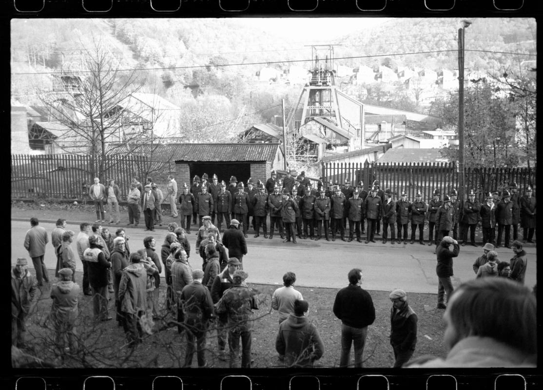 Policemen and miners at Celynen South Colliery during the 1984-85 strike.