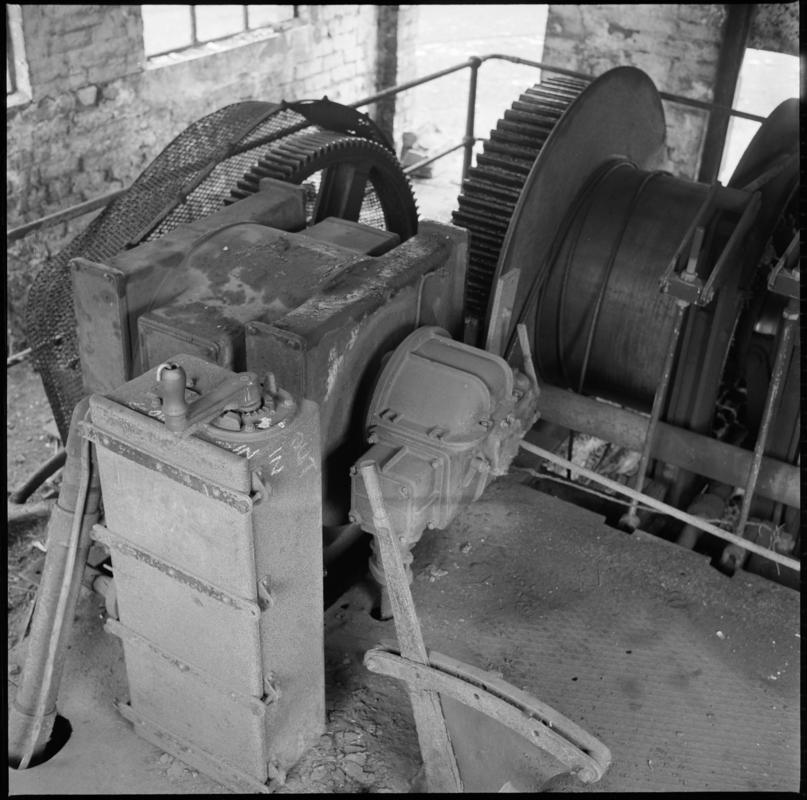 Black and white film negative showing an electric capstan, Nixon's Navigation Colliery.  'Elect Capstan' is transcribed from original negative bag.