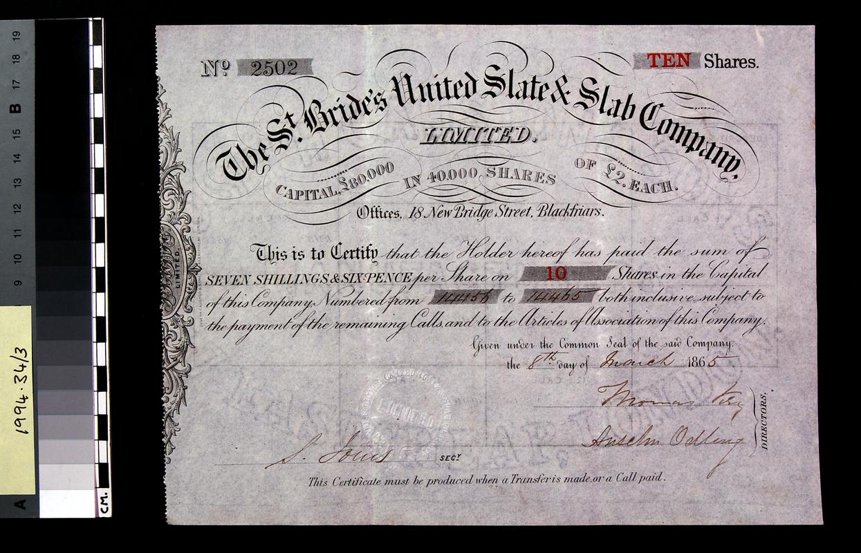 St. Bride's United Slate & Slab Co.Ltd. share certificate