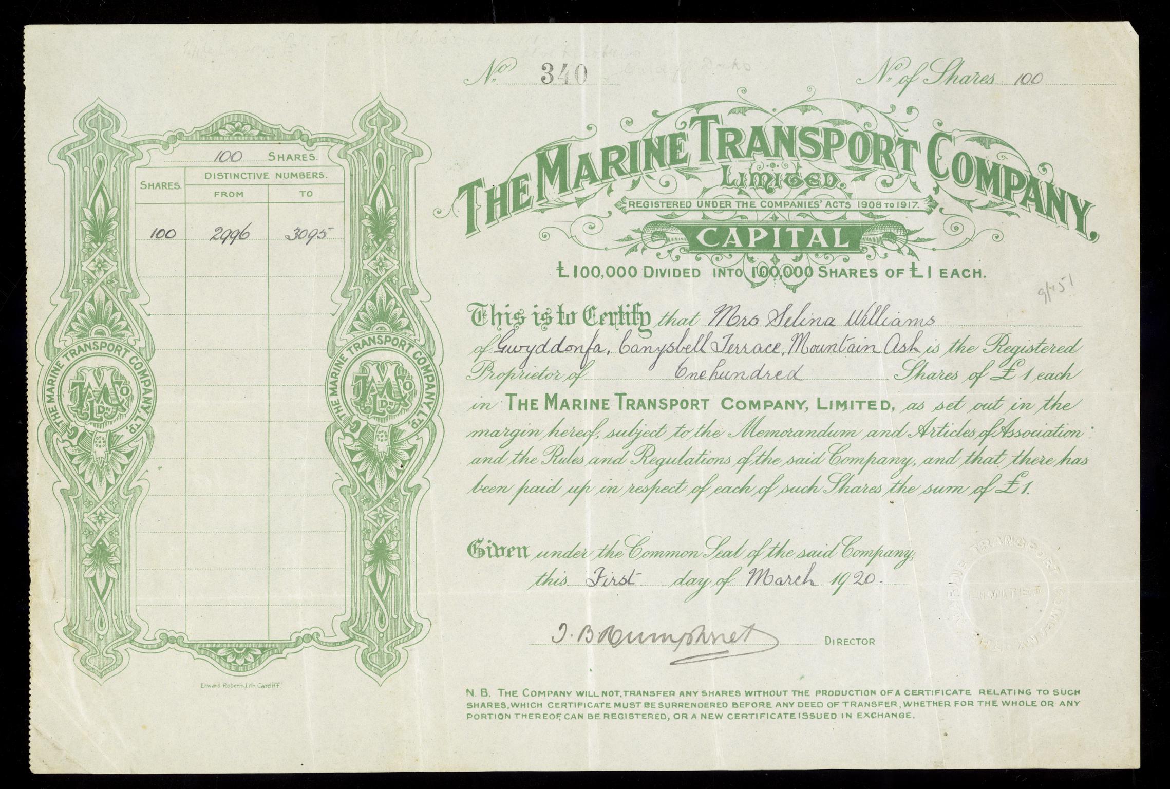 Marine Transport Co. Ltd., share certificate