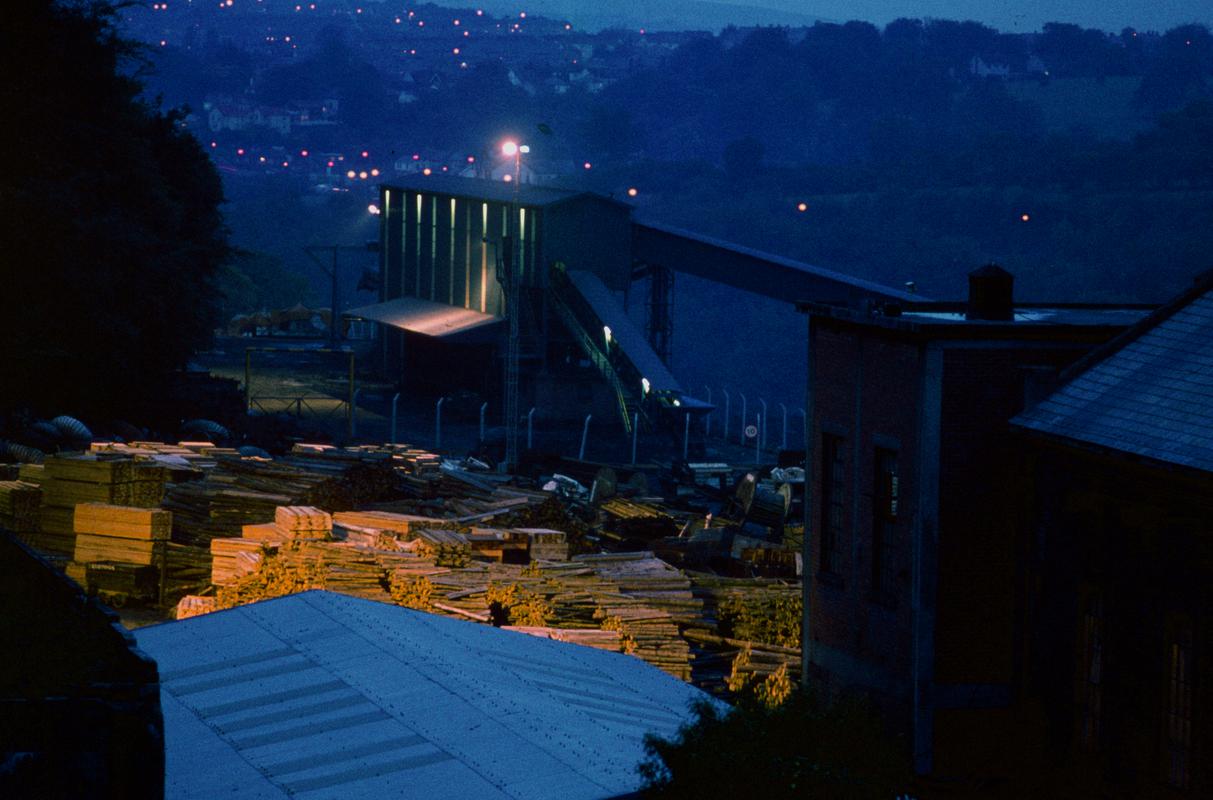 Colour film slide showing Oakdale Colliery timber yard.