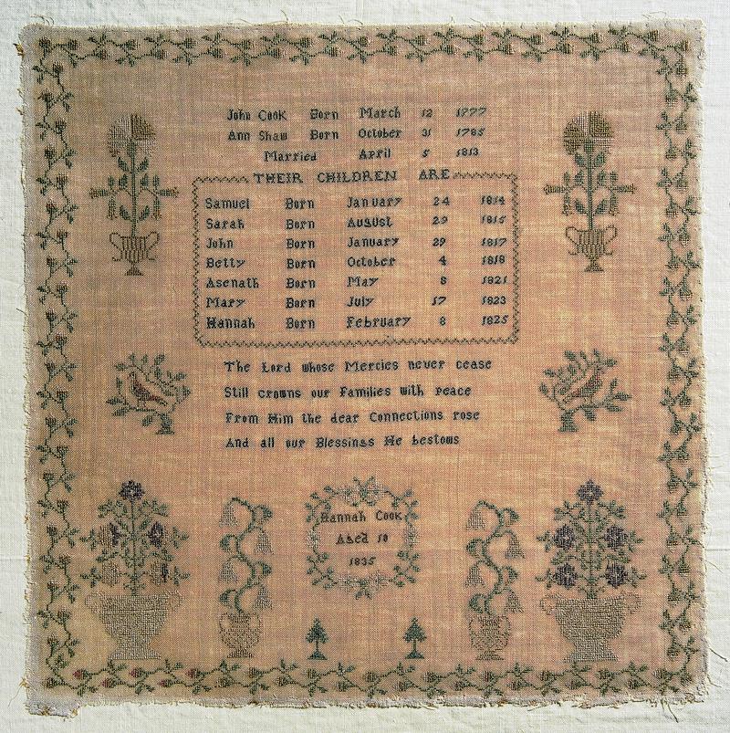 Sampler (family, verse & motifs), made in England, 1835