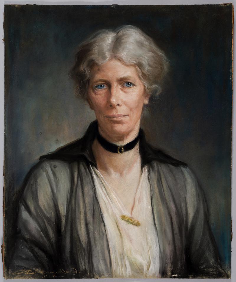 Oil painting of Miss Mary Collin, headmistress of the Cardiff High School for Girls (1895-1924), and chair of the Cardiff & District Women's Suffrage Society. Painted by Mrs C. Blakeney Ward in 1924.