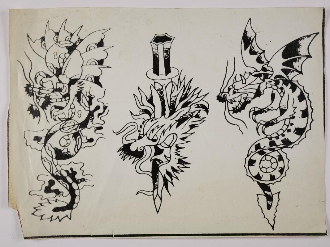 Tattoo flash: Three images of dragons.