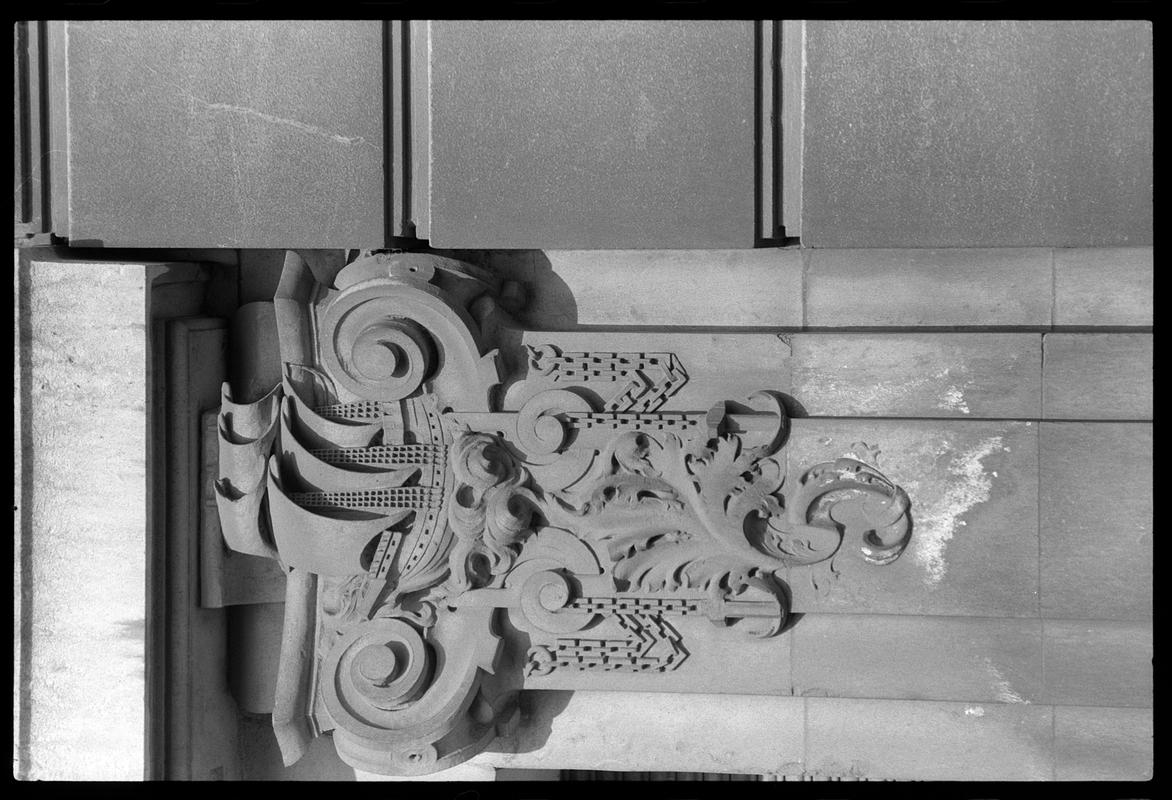 "Man o'War" Frieze on entrance to Cambrian Buildings, on corner of Mount Stuart Square and West Bute Street.