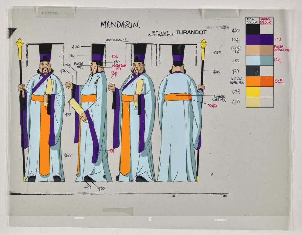 Turandot animation production artwork showing character The Mandarin and a colour chart. Two sheets of cellulose acetate.