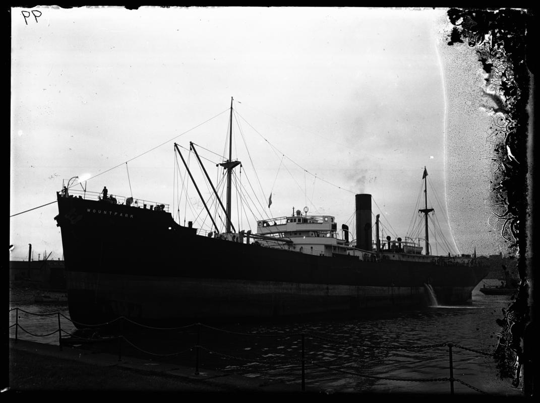 Port broadside view of S.S. MOUNT PARK entering Cardiff Docks, c.1938.
