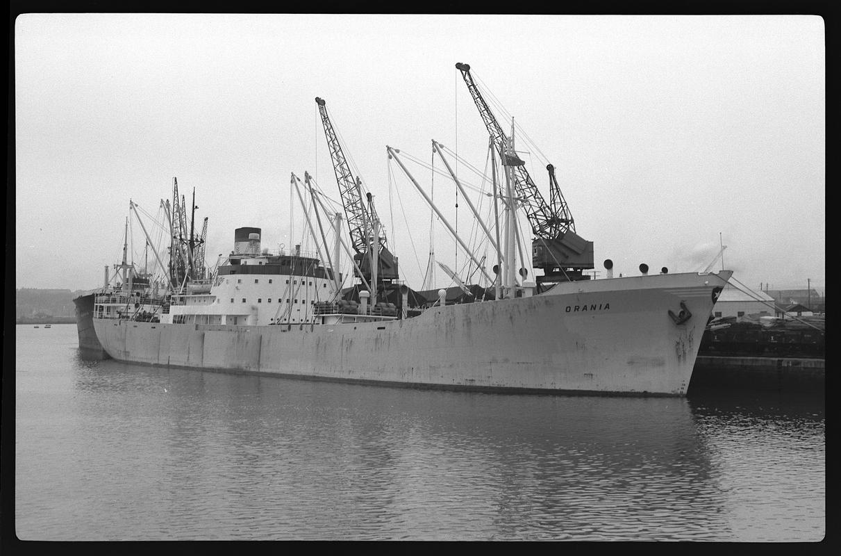 Starboard bow view of S.S. ORANIA at Cardiff Docks.