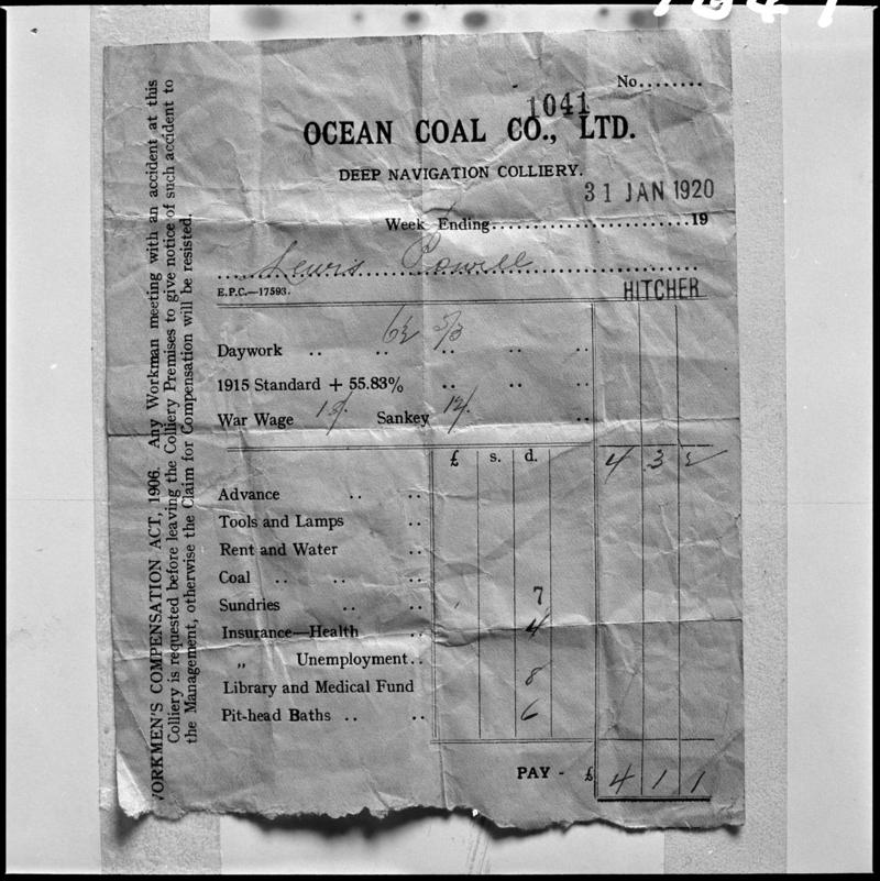 Black and white film negative showing  Lewis Powell's (Hitcher) wage slip dated 31 January 1920.