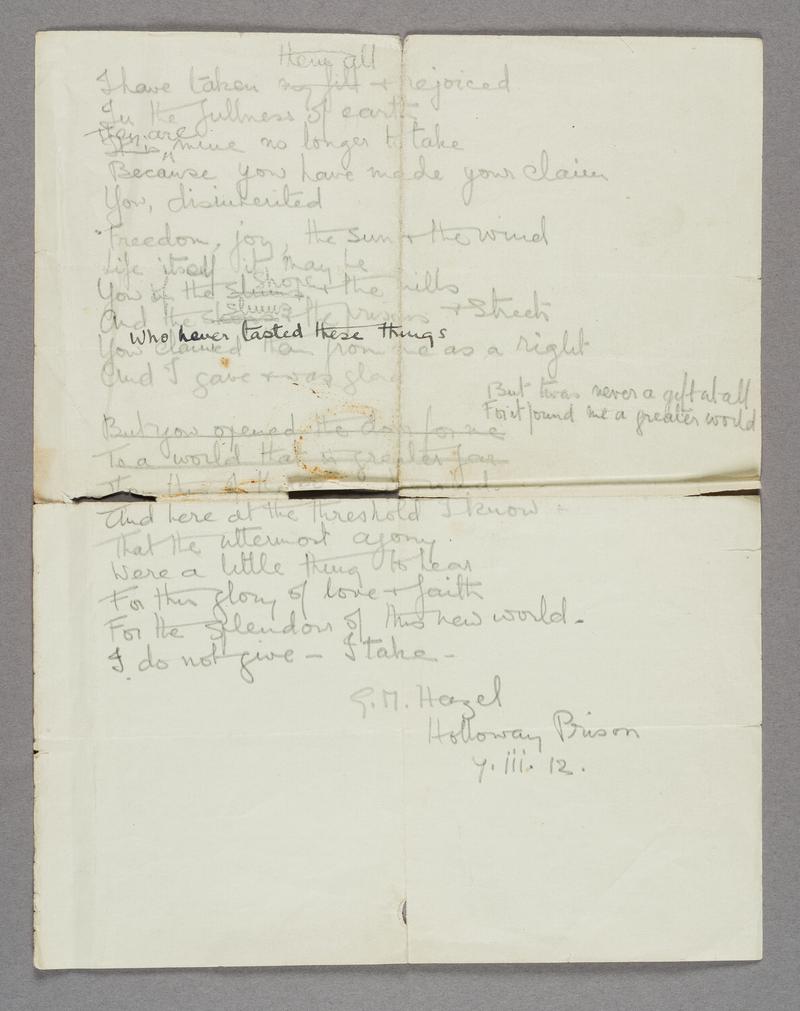 Sheet of handwritten poetry by a suffragette, G.M. Hazel, in Holloway Prison. Dated 7th March 1912