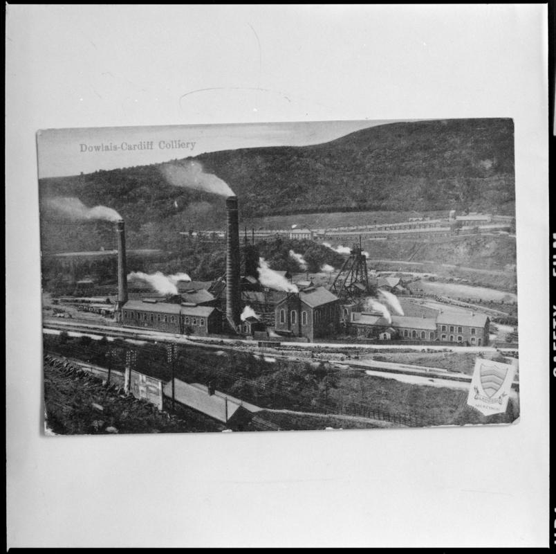 Black and white film negative of a photograph showing a surface view of Abercynon Colliery.  'Abercynon' is transcribed from original negative bag.