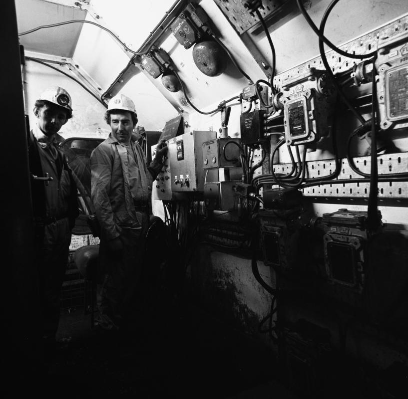 Black and white film negative showing a control room, Oakdale Colliery, May 1980.  'Oakdale May 1980' is transcribed from original negative bag.