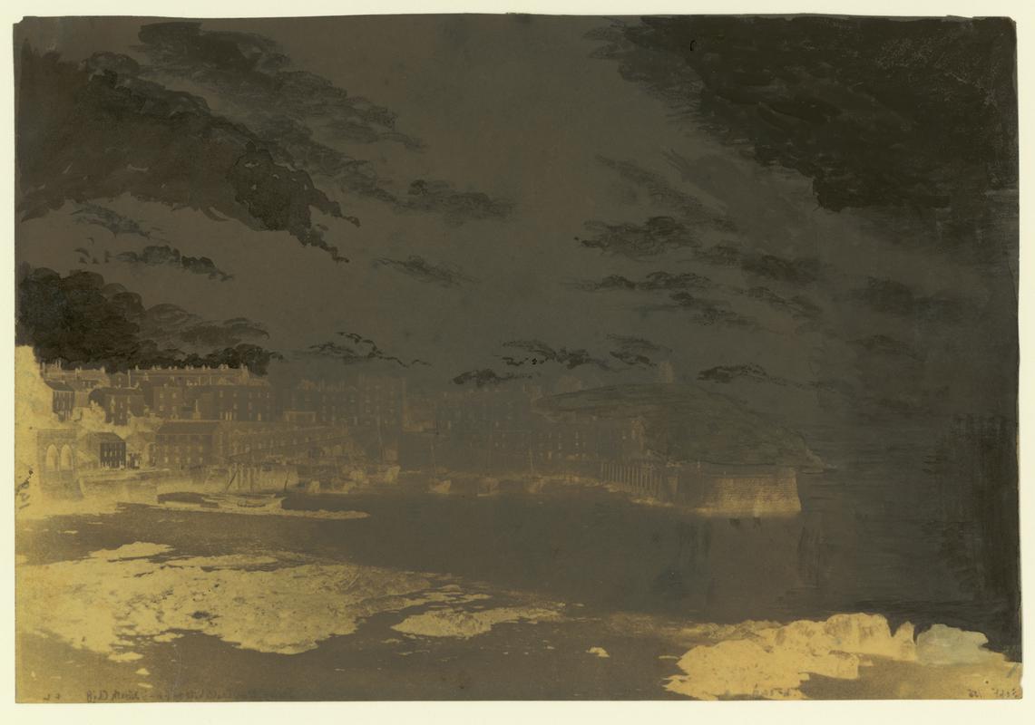 Wax paper calotype negative. Tenby, Pier, Castle Hill from North Cliff