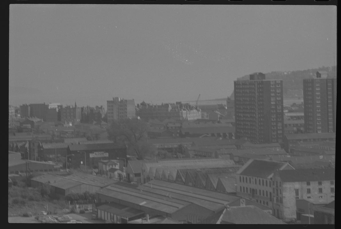 View looking south south west over Butetown, with Loudoun Square Flats on right and buildings on Mount Stuart Square in background.