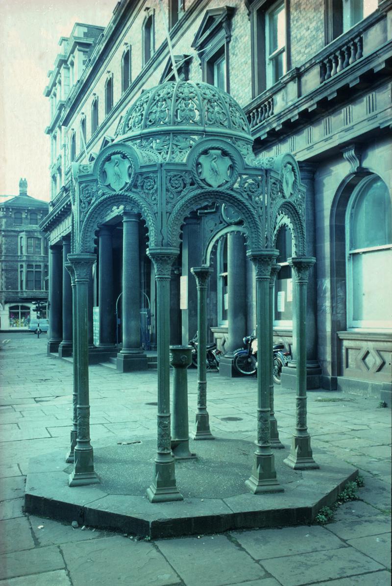 Cast iron drinking fountain outside Cardiff Docks Post Office. Original fountain accessioned as 74.7I