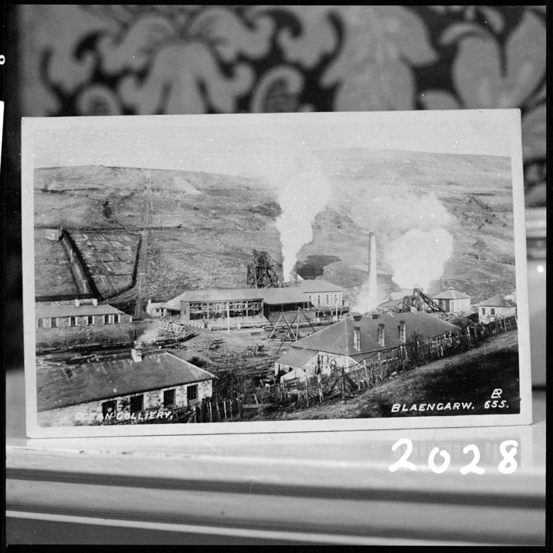 Black and white film negative of a photograph showing a view of Garw Colliery, Blaengarw. 'Garw' is transcribed from original negative bag.