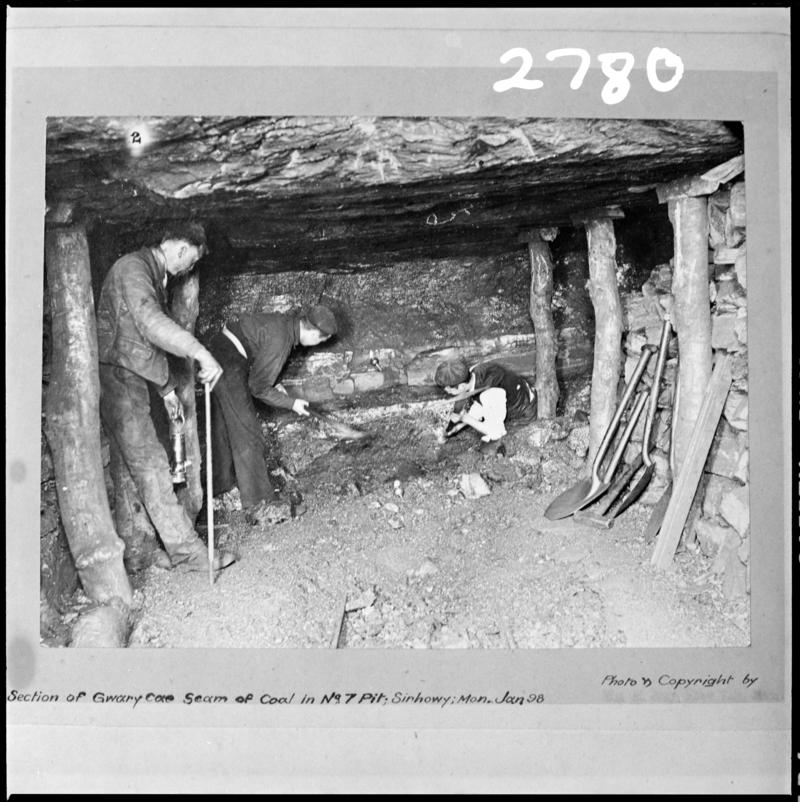 Black and white film negative showing the coal seam at No 7 pit, Sirhowy Colliery.  'No 7 Pit, Sirhowy' is transcribed from original negative bag.