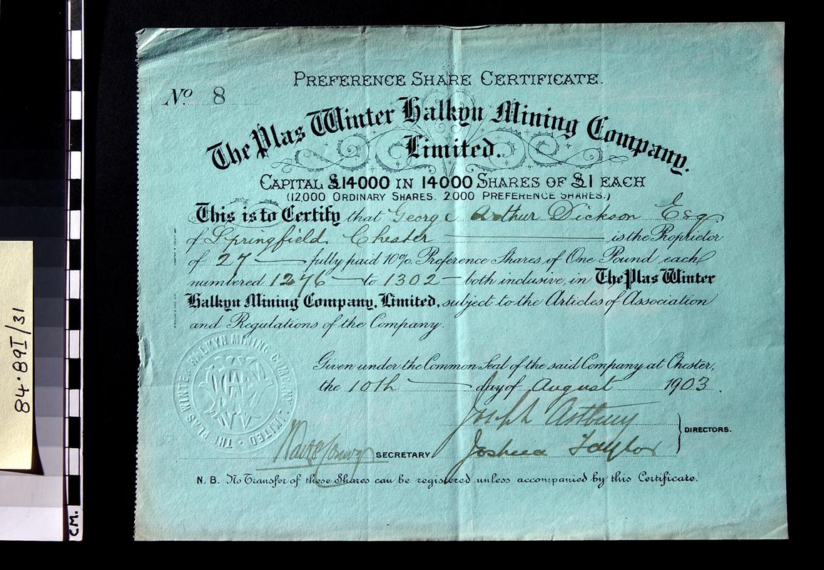 Plas Winter Halkyn Mining Co. Ltd., share cert.
