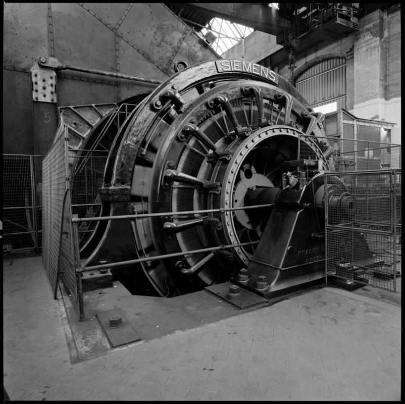 Black and white film negative showing the Siemens Electric winder which was installed at Britannia Colliery in 1910-1914 and worked until the closure of the colliery in 1983.  'Britannia' is transcribed from original negative bag.  Appears to be identical to 2009.3/2269 and 2009.3/2270.