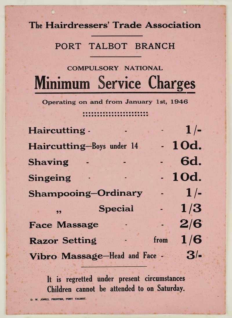 Price list from Ivor Williams' salon in Taibach, Port Talbot