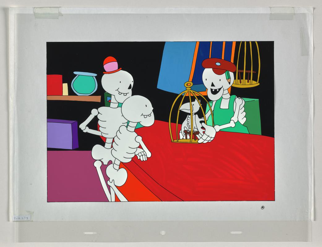 Funny Bones publicity/marketing artwork representing episode 'The Pet Shop', showing characters Big, Little and Mr Bonehead.
