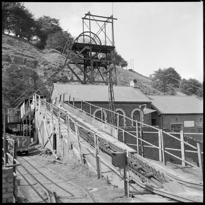 Black and white film negative showing a surface view of Blaenserchan Colliery, 22 August 1975.  'Blaenserchan 22/8/75' is transcribed from original negative bag.