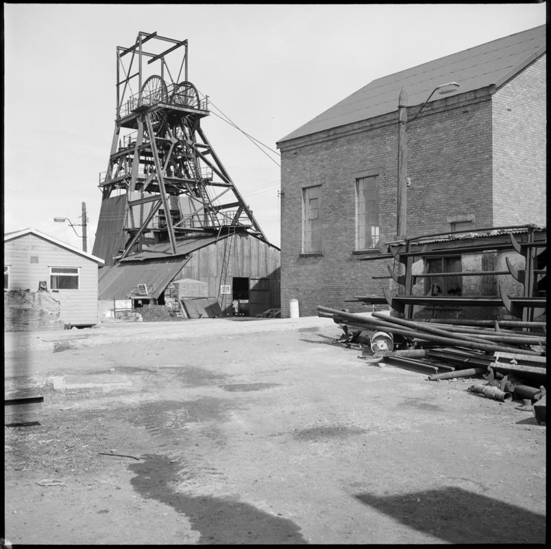 Black and white film negative showing the headgear and winding engine house, Big Pit Colliery 1975.  'Blaenavon Big Pit 1975' is transcribed from original negative bag.