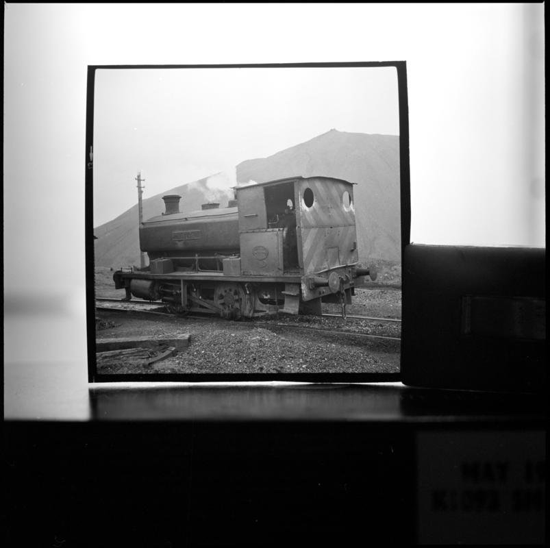 Black and white film negative showing an Andrew Barclay locomotive at Blaenavon.  'Loco Blaenavon' is transcribed from original negative bag.