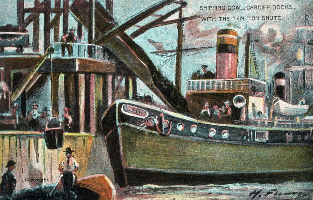 Postcard : "Shipping Coal, Cardiff Docks, With The Ten Ton Shute"