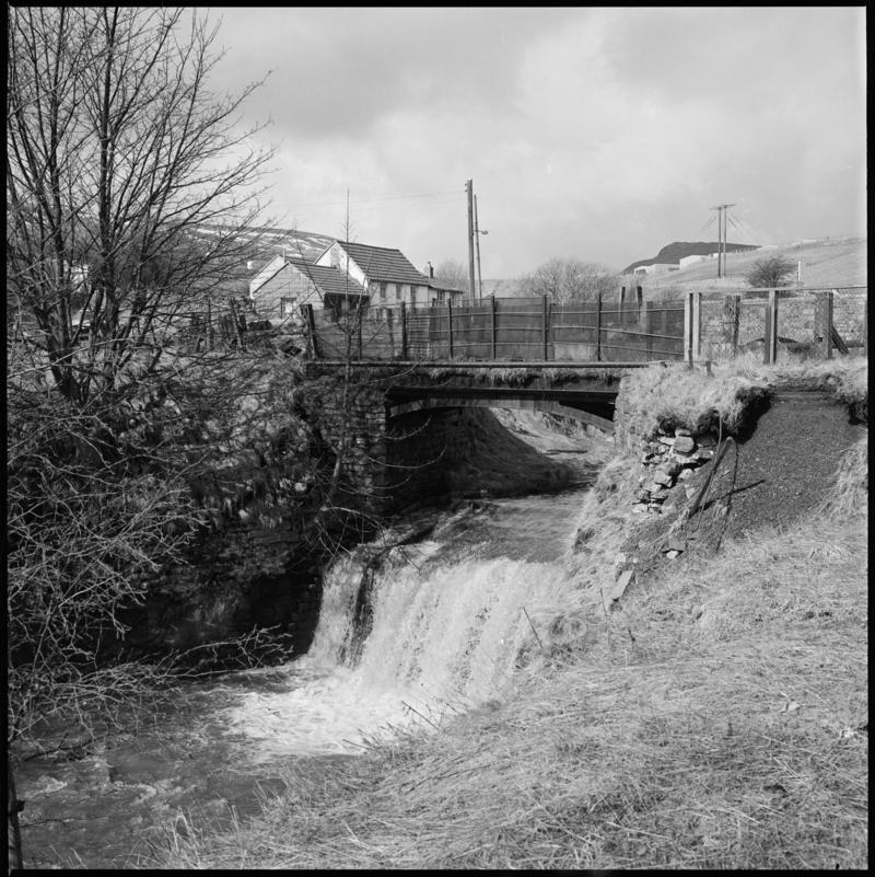Black and white film negative showing tramway bridge, Blaenavon.  'Blaenavon tramway bridge' is transcribed from original negative bag.