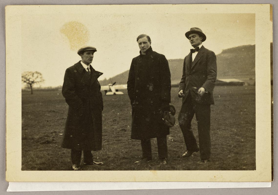 View of C.H. Watkins, Gustav Hamel and his secretary. Taken 28th March 1914 at Ely Racecourse, Cardiff.