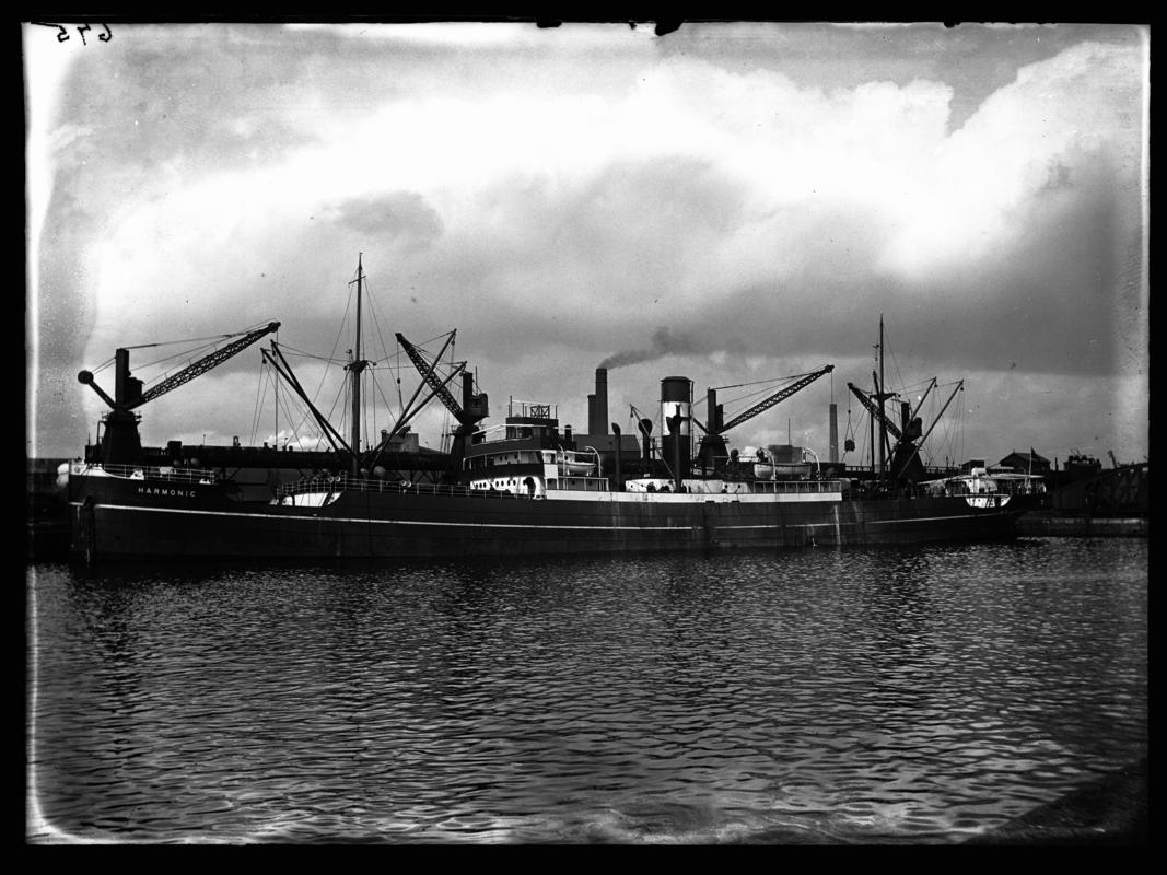 Port broadside view of S.S. HARMONIC at Cardiff Docks, c.1936