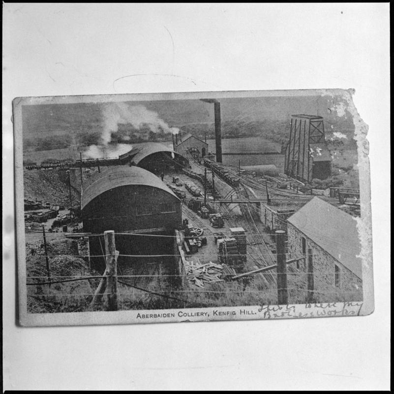 Black and white film negative of a photograph showing a surface view of Aberbaiden Colliery.  'Aberbaiden' is transcribed from original negative bag.