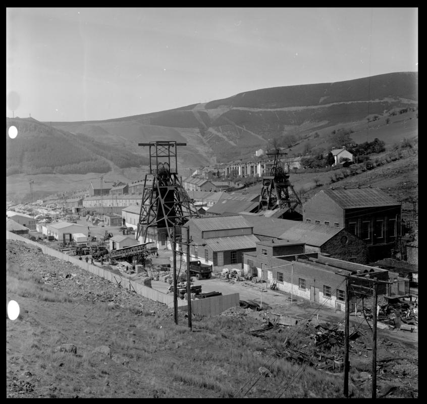 Black and white film negative showing a general view of Garw Colliery, 1977.