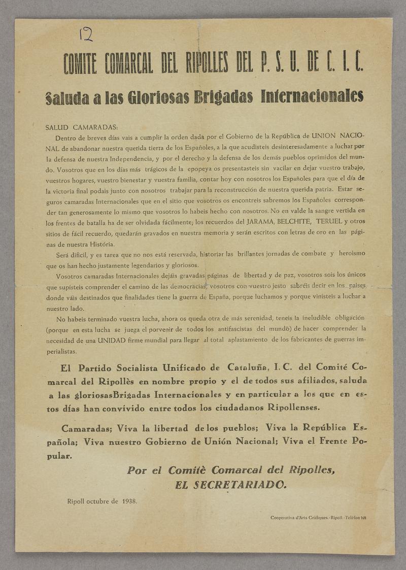 Handbill 'saluting the International Brigades'?. (needs translation). Black print on paper. Dated October 1938.
