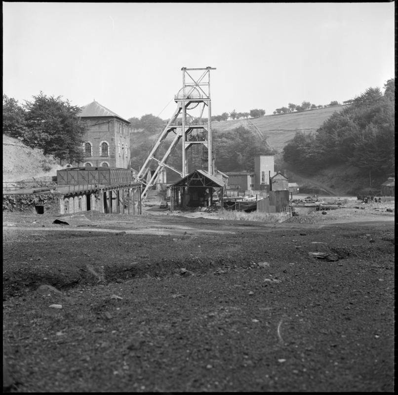 Black and white film negative showing a surface view of Tirpentwys Colliery, 1975. 'Tirpentwys Colliery' is transcribed from original negative bag.