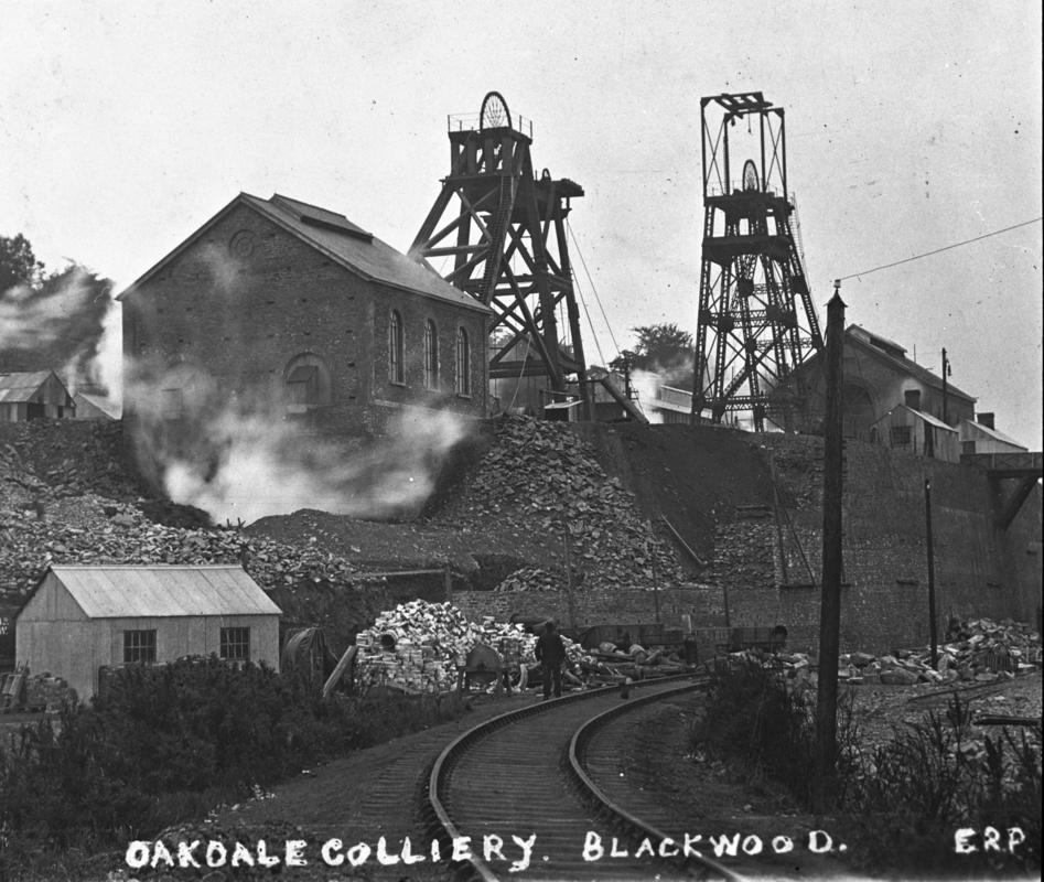 Black and white film negative of a photograph showing  Oakdale Colliery around 1910.  'Oakdale 16 Apr 1981' is transcribed from original negative bag.