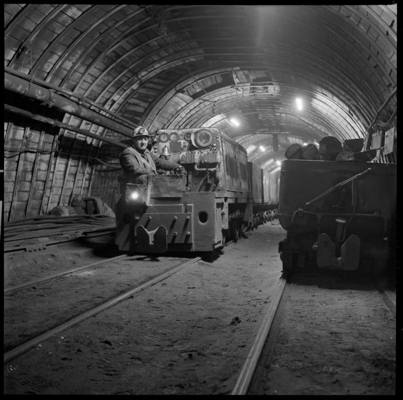 Black and white film negative of a photograph showing an electric locomotive, underground at Abercynon Colliery. 1978.  'Abercynon 1978' is transcribed from original negative bag.