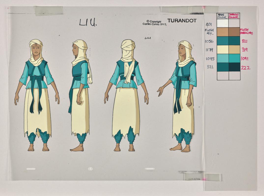 Turandot animation production artwork showing the character Liu and a colour chart.
